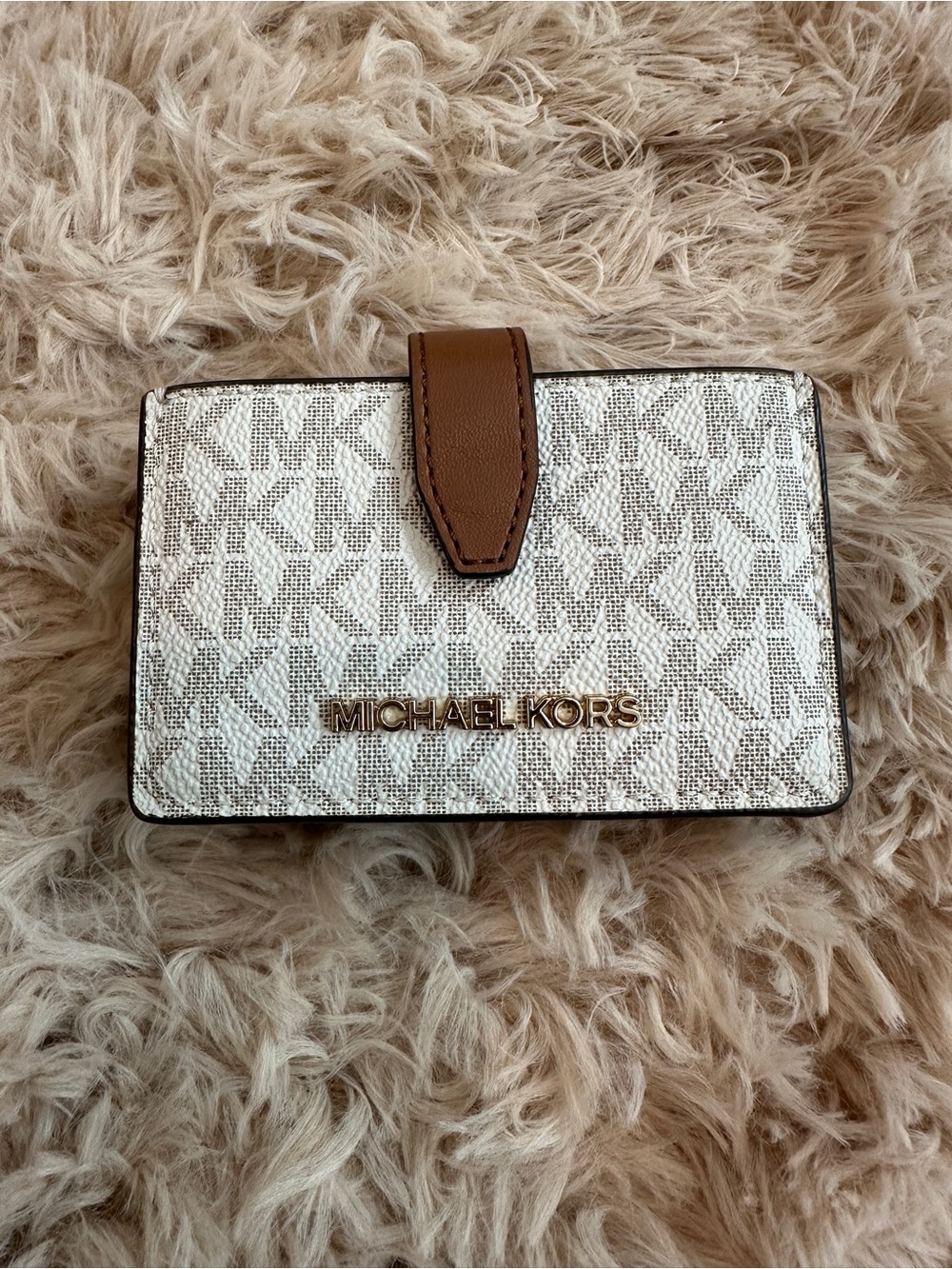 Michael Kors White Logo Card Holder with Brown Tab and Gold Hardware